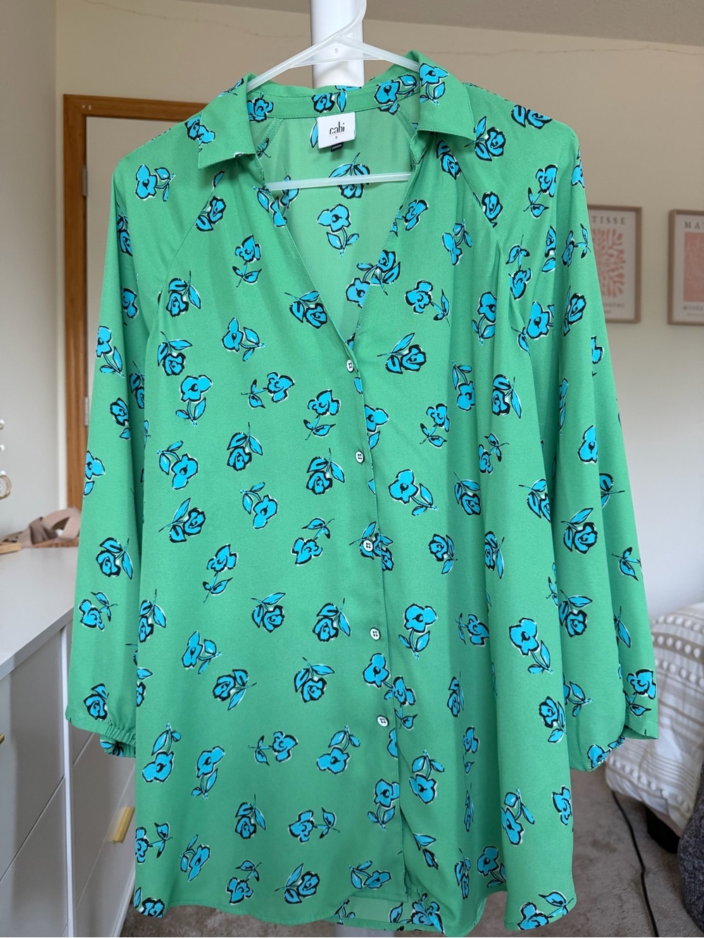 CAbi Green Floral Button-Front Blouse with Blue Flower Print